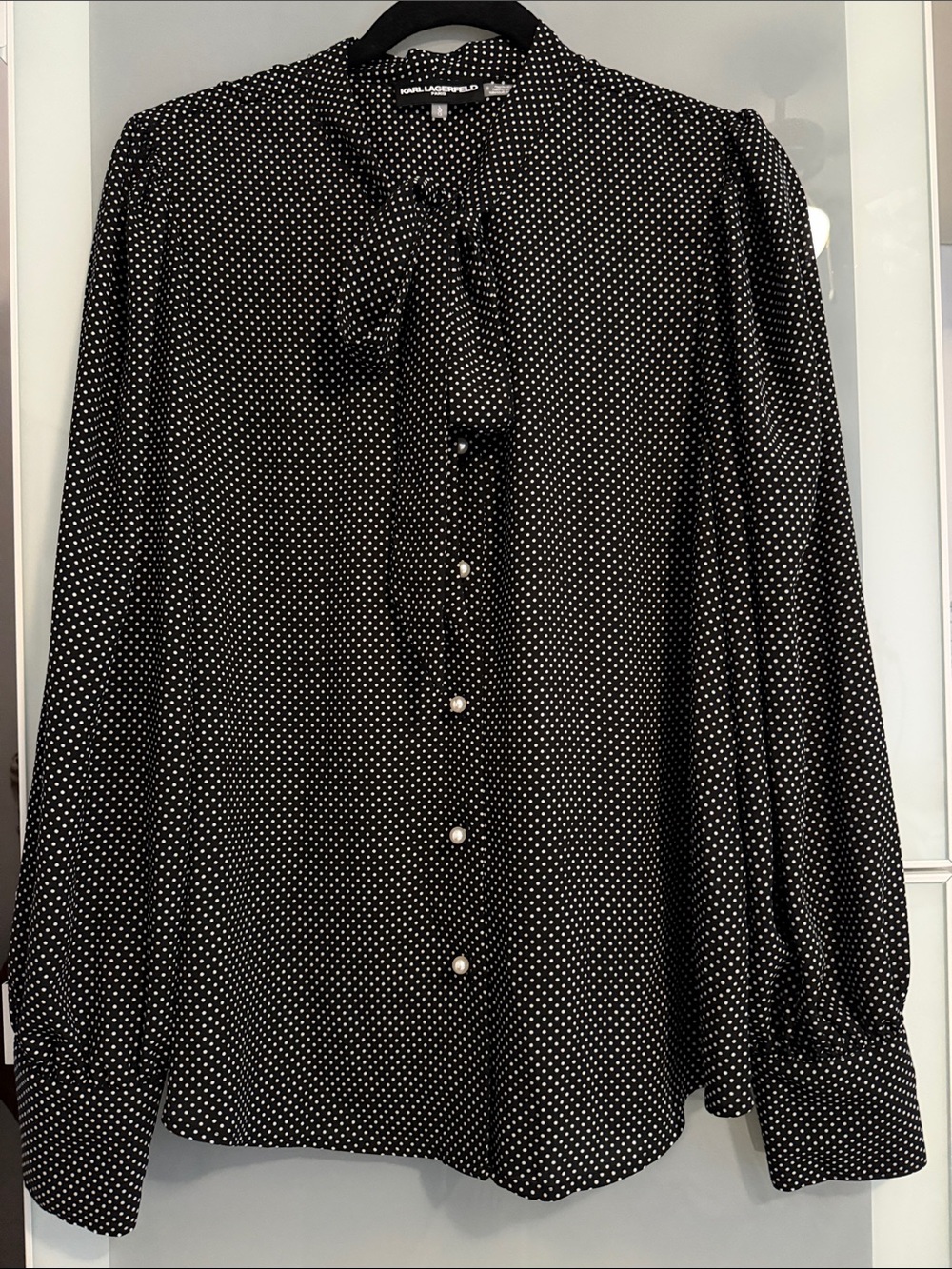 Karl Lagerfeld Black and White Polka Dot Tie-Neck Blouse L